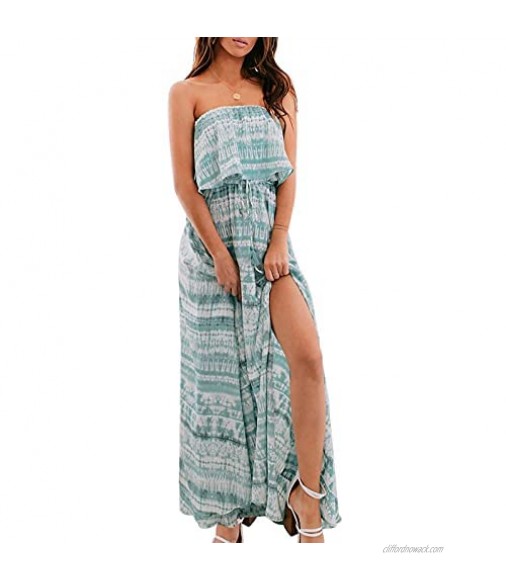 Annebouti Women Summer Strapless Boho Beach Front Slit Floral Long Maxi Dress