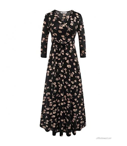 Aphratti Womens Faux Wrap Maxi Dress with Sleeves Floral Fit Flare Long Dresses