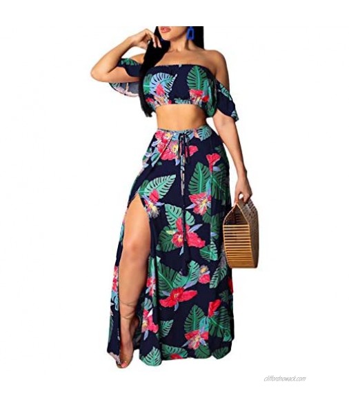 Aro Lora Women's Sexy Off Shoulder Floral Printed Side Slit Two-Piece Maxi Dress