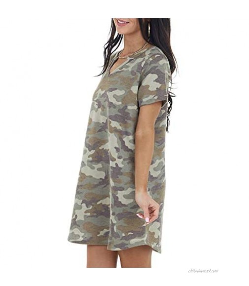 Blibea Women's Summer Casual T Shirt Dresses Camo Print Ruffled Short Sleeve Shift Mini Dress