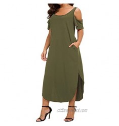 Gxlu Women's Short Sleeve Plus Size Maxi Dresses Casual Summer Dresses Loose Floral Print Split Long Dresses with Pockets