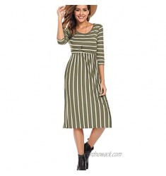 Halife Women's 3 4 Sleeve Stripe Elastic Waist Casual Dress with Pocket