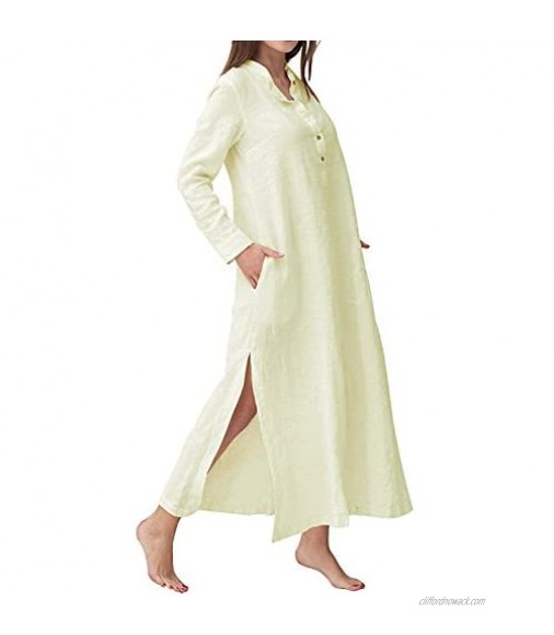HIUPEB Women's Plus Size Long Sleeve Cotton Linen Split Kaftan Maxi Dress S-3XL