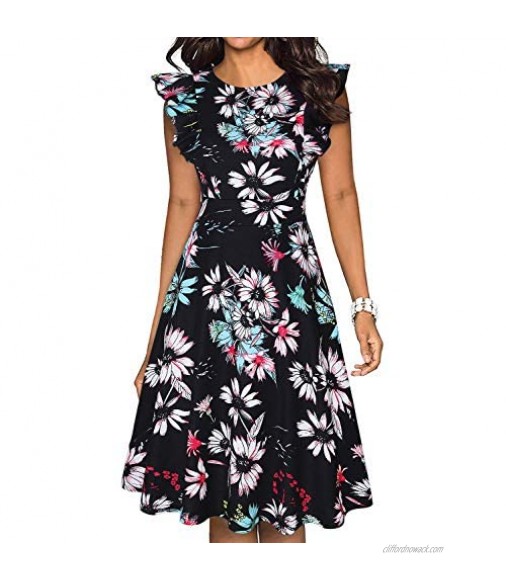 IHOT Womens Vintage Ruffle Sleeves Floral Print Flared A Line Swing Casual Cocktail Party Dresses with Pockets