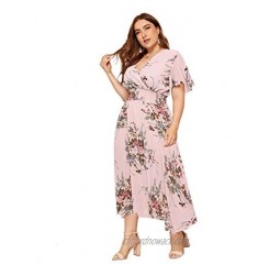 Milumia Women Plus Size Summer Floral Boho High Waist V Neck Maxi Dress Pink 4X-Large Plus