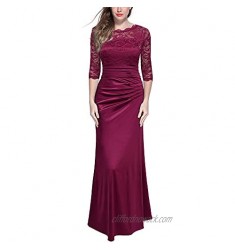 Miusol Women's Retro Floral Lace Vintage 2/3 Sleeve Slim Ruched Wedding Maxi Dress