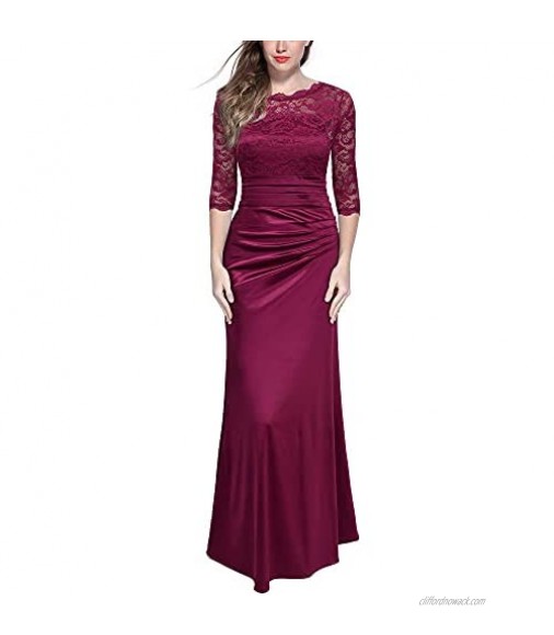 Miusol Women's Retro Floral Lace Vintage 2/3 Sleeve Slim Ruched Wedding Maxi Dress