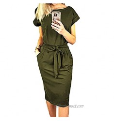 PRETTYGARDEN Ladies Basic Crewneck Belted Office Dress with Pockets Solid Color Short Sleeve Party Slim Dress