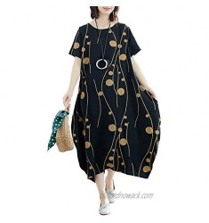 Romacci Women Cotton Linen Dress Casual Loose Short Sleeves Dot Print Plus Size Baggy Midi Dress