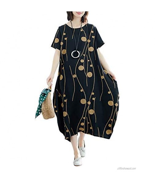 Romacci Women Cotton Linen Dress Casual Loose Short Sleeves Dot Print Plus Size Baggy Midi Dress