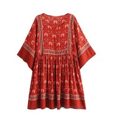 R.Vivimos Women's Summer Cotton Half Sleeve Casual Loose Bohemian Floral Tunic Dresses
