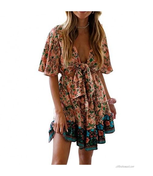 R.Vivimos Women's Summer Short Sleeves Floral Print Tie Front A Line Ruffle Boho Beach Mini Dress