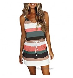 SOMESUN Summer Dresses for Women Casual V Neck Sleeveless Spaghetti Dresses Stripe Splicing Sling Strap Mini Dress with Belt