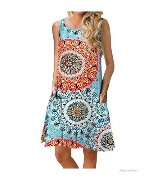 Women Casual T-Shirt Summer Dresses Floral Bohemian Dress Swing Boho Sundress Sleeveless with Pockets