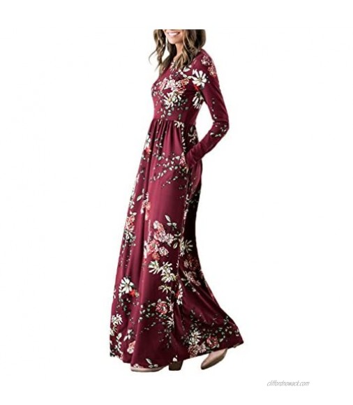 ZESICA Women's Floral Print Long Sleeve Pockets Empire Waist Pleated Long Maxi Dress