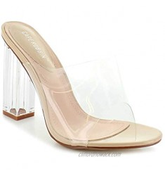 Cape Robbin Shoes Fusion Translucent Block High-Heel Mule Open Toe Sandal (Nude  Numeric_9)