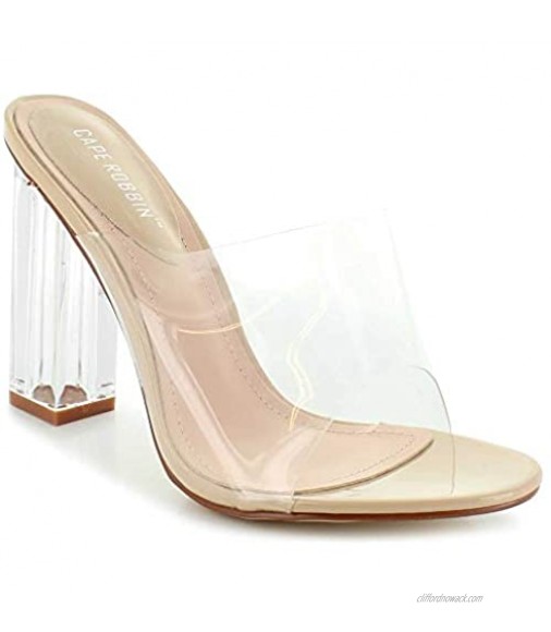Cape Robbin Shoes Fusion Translucent Block High-Heel Mule Open Toe Sandal (Nude Numeric 9)