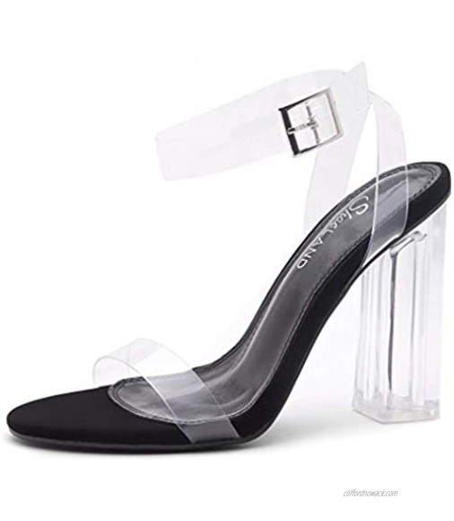 Shoe Land SL-CLLAARY Women's Perspex Heel Ankle Strap Adjustable Buckle Lucite Clear Block Chunky High Heel Open Toe Sandal