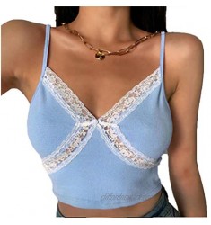 AOWEER Women Sexy Crop Top Short Summer Casual V Neck Sleeveless Lace Patchwork Knit Streetwear Tops