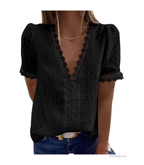 BLENCOT Womens Casual Lace Swiss Dots V Neck Short Sleeve Solid Shirts Blouse Tops