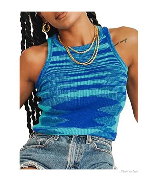 Dwnval Y2K Knit Crop Top for Women Sleeveless Off Shoulder Cami Basic Cropped Casual Crewneck Racerback Slim Tank Tops