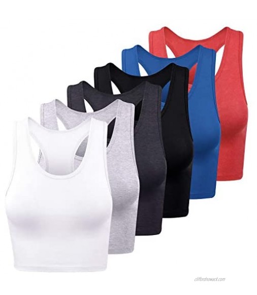 FEPITO 6Pieces Women's Basic Workout Crop Tops Cotton Racer Back Sleeveless Tops