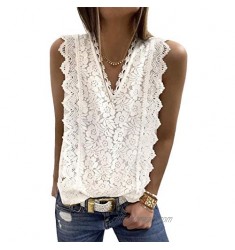 Happy Sailed Women Summer Lace V Neck Tank Tops Loose Casual Sleeveless Shirt Blouse(S-XXL)
