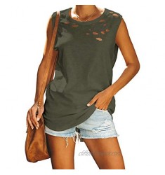 Jeanewpole1 Womens Ripped Casual Tank Tops Sleeveless Crew Neck Loose Summer Shirts Blouses