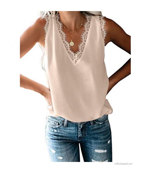 LOSRLY Womens V Neck Lace Strappy Tank Tops Casual Sleeveles Blouses Shirts(S-XXL)