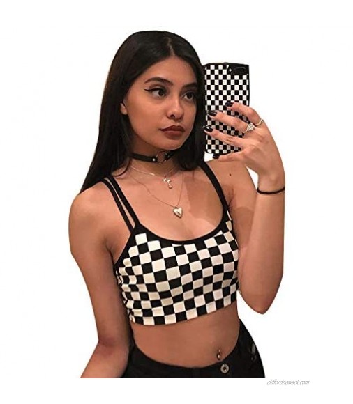 Women Sexy Checkerboard Print Strap Backless Plaid Camis Streetwear Crop Tops