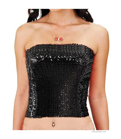 Womens Sparkly Sequin Mermaid Crop Tops Strapless Metallic Tube Tops for Party Clubwear