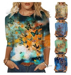 Womens Summer 3/4 Sleeve T Shirts Casual Tops Fashion Loose Floral Print Tunic Tees Plus Size Tank Tops
