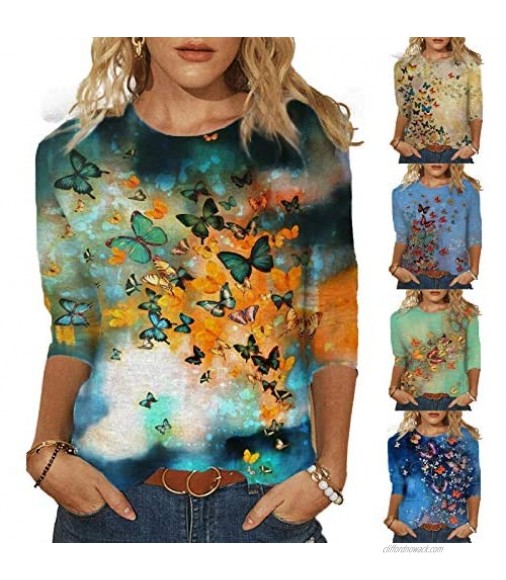 Womens Summer 3/4 Sleeve T Shirts Casual Tops Fashion Loose Floral Print Tunic Tees Plus Size Tank Tops
