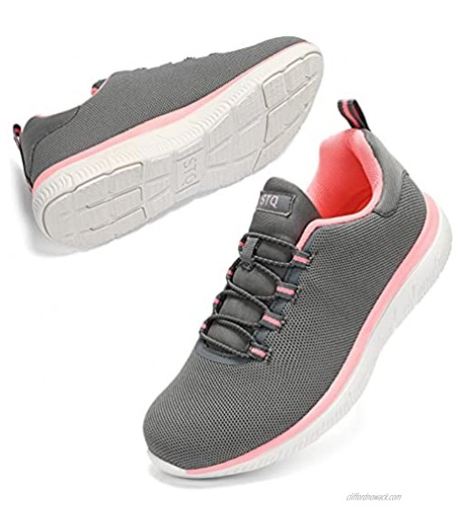 STQ Tennis Shoes for Women Cushioned Running Sneakers with Arch Support Breathable Slip On Shoes for Jogging Grey Pink US 9