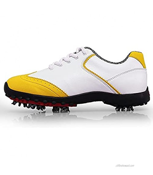 XSJK Women Golf Shoes British Style Waterproof Microfiber Leather Waterproof Sports Shoes Removable Non-Slip Eight Claw Nail Sneakers Yellow 40