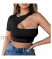 BEAGIMEG Women's Sexy Summer One Shoulder Cutout Crop Top Solid T Shirt