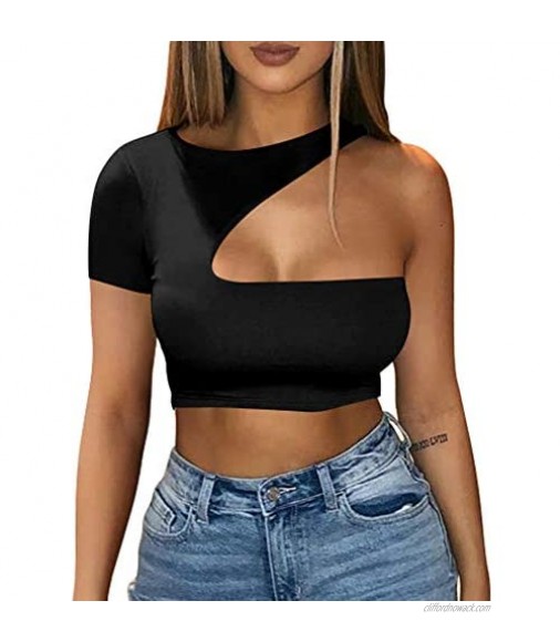 BEAGIMEG Women's Sexy Summer One Shoulder Cutout Crop Top Solid T Shirt