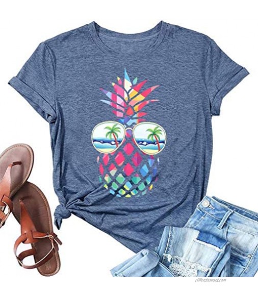 BEDDAN Women Pineapple Sunglasses Beach Shirt Tops Funny Graphic T Shirt Casual Summer Short Sleeve Tee Shirts
