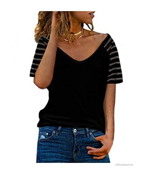BLENCOT Womens Casual V Neck Long Sleeve Shirt Shirt Striped Sheer Patchwork Loose Fit Solid Blouse Tops Work