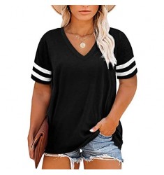 BLENCOT Womens Plus Size Summer Casual Color Block Short Sleeve Crew Neck/V Neck Tee Tops 1X-5X