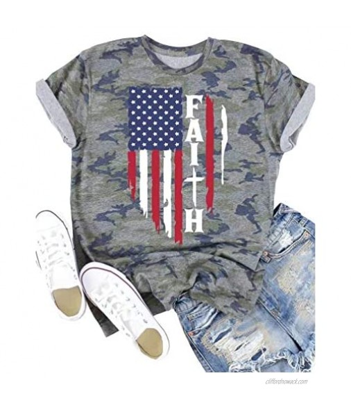 Camouflage American Flag Faith T-Shirt for Women 4th of July Patriot US Gift Graphic Tees Short Sleeve Blouse Tops