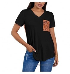 Chase Secret Women’s Crew Neck Leopard Color Block Short Top Casual Loose Blouse Shirts with Pocket