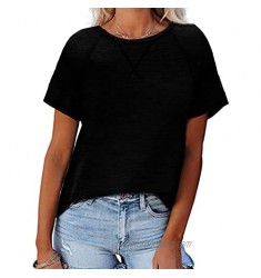 Davenil Women's Short Sleeve Crewneck Shirts Loose Fit T-Shirts Plain Tees Cute Tops