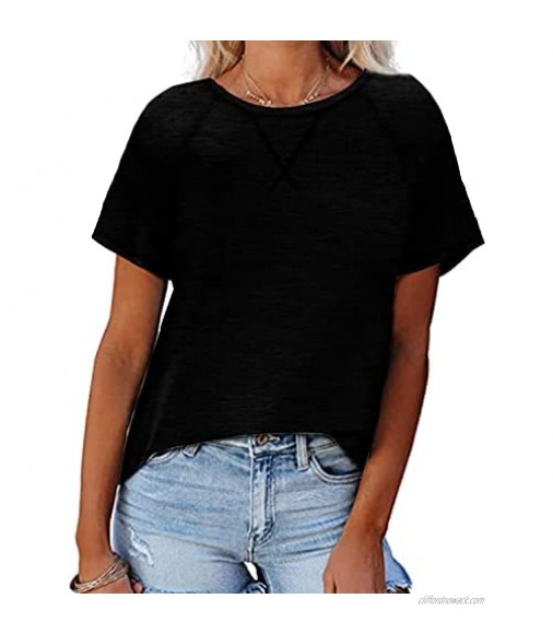 Davenil Women's Short Sleeve Crewneck Shirts Loose Fit T-Shirts Plain Tees Cute Tops
