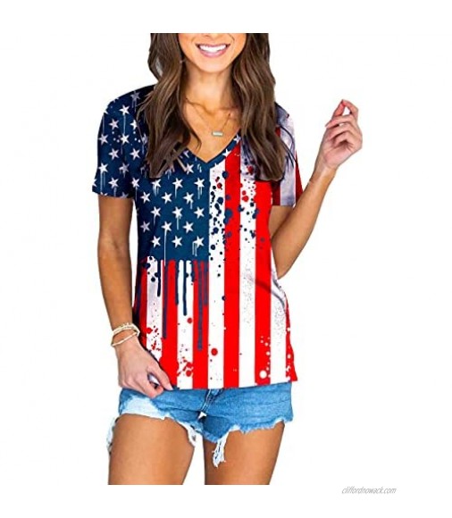 Deerose Womens July 4th American Flag Shirt V-Neck Summer Tops