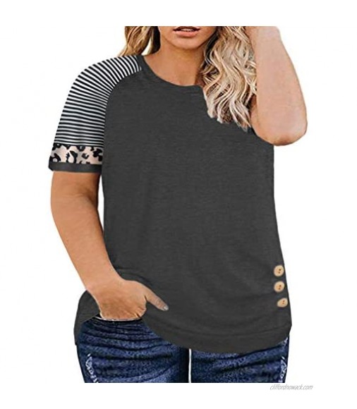 DOLNINE Womens-Plus-Size-Tops Raglan Striped T Shirts Color Block Tee with Buttons