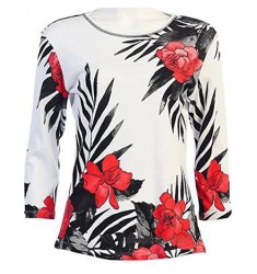 Jess & Jane - Red Roses 3/4 Sleeve Scoop Neck Rhinestone Accents Print Top