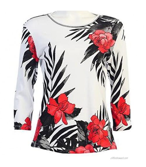 Jess & Jane - Red Roses 3/4 Sleeve Scoop Neck Rhinestone Accents Print Top
