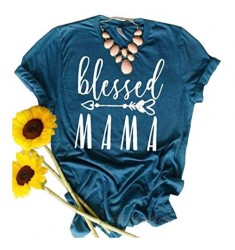 JINTING Blessed Mama Tee Shirt for Women Short Sleeve Letter Printed Graphic Mama Gifts Tee Shirts