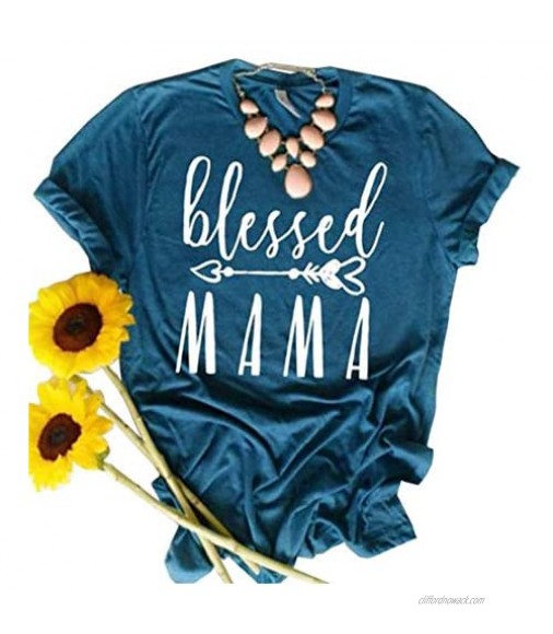 JINTING Blessed Mama Tee Shirt for Women Short Sleeve Letter Printed Graphic Mama Gifts Tee Shirts